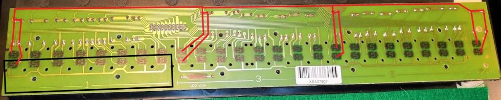 Keyboard PCB showing the track side with highlighted areas showing the multiplexer rows and columns